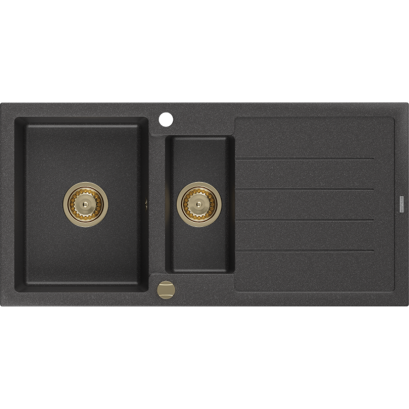 Mexen Andres žulový dřez 1,5-komorový s odkapávačem 1000 x 500 mm černý tečkovaný, zlatý sifon - 6515101510-76-G