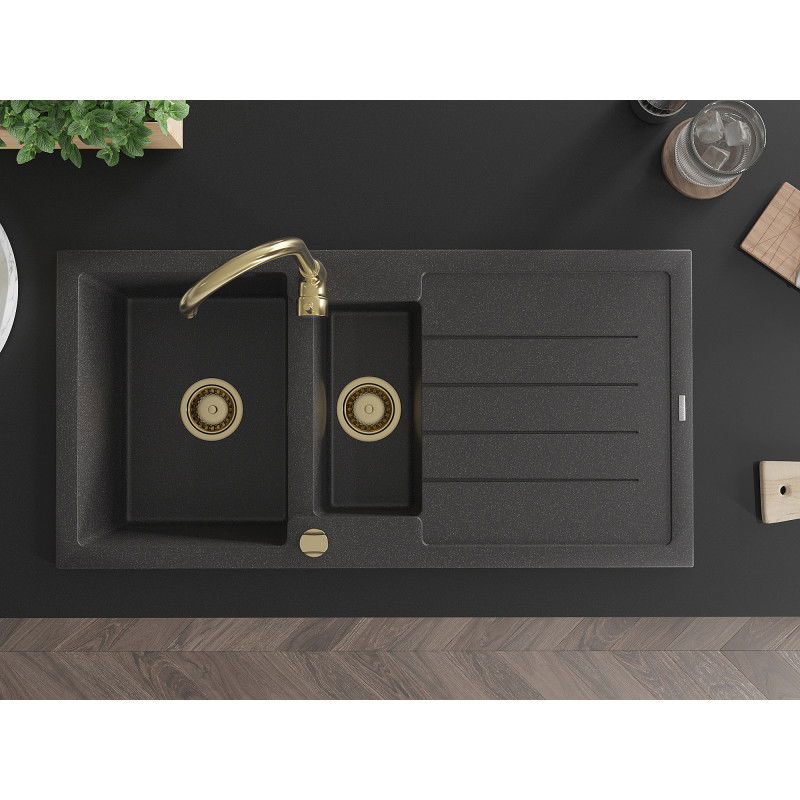 Mexen Andres žulový dřez 1,5-komorový s odkapávačem 1000 x 500 mm černý tečkovaný, zlatý sifon - 6515101510-76-G