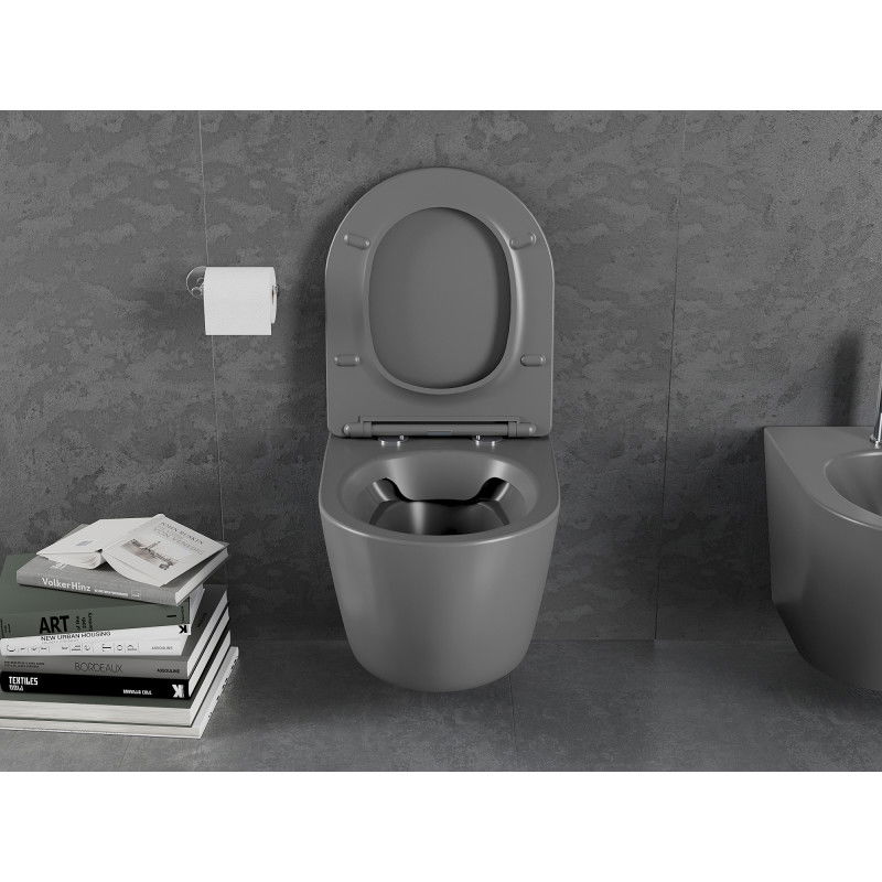 Mexen Lena WC mísa Rimless s pomalu sklápěcí tenkým prkénkem, duroplast, tmavě šedý mat - 30224071