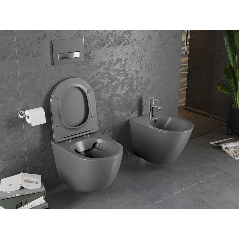 Mexen Lena WC mísa Rimless s pomalu sklápějícím tenkým sedátkem, duroplast, tmavě šedá mat - 30224071