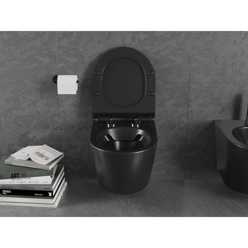 Mexen Lena mísa WC bezokrajová s pomalu sklopnou deskou slim, duroplast, černá mat - 30220185