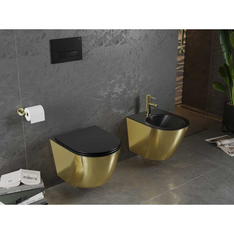 Mexen Lena WC mísa Rimless s pomalu padajícím tenkým sedátkem, duroplast, černá matná/zlatá - 30224076