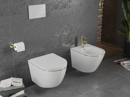 Mexen Lena WC mísa Rimless s pomalu sklápěcí deskou slim, duroplast, bílá/zlatá linie - 30224005
