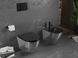 Mexen Lena wc mísa Rimless s pomalu padajícím sedátkem slim, duroplast, černá mat/stříbrný vzor šupiny - 30224072