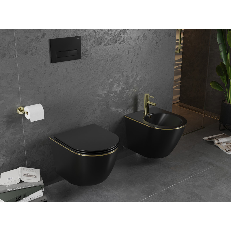 Mexen Lena WC mísa Rimless s pomalu klesající deskou slim, duroplast, černá matná/zlatá linka - 30224075