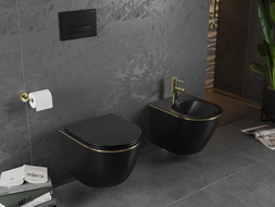 Mexen Lena WC mísa Rimless s pomalu padající deskou slim, duroplast, Matná černá/Zlatá geometrický vzor - 30224075