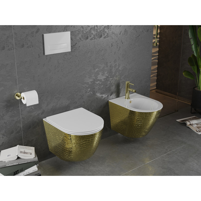 Mexen Lena wc mísa Rimless s pomalu sklápěcím prkénkem slim, duroplast, bílá/zlatý vzor šupiny - 30224008
