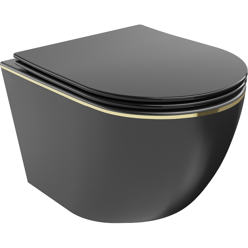 Mexen Lena WC mísa Rimless s pomalu klesající deskou slim, duroplast, černá matná/zlatá linka - 30224075