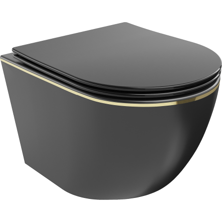 Mexen Lena WC mísa Rimless s pomalu klesající deskou slim, duroplast, černá matná/zlatá linka - 30224075