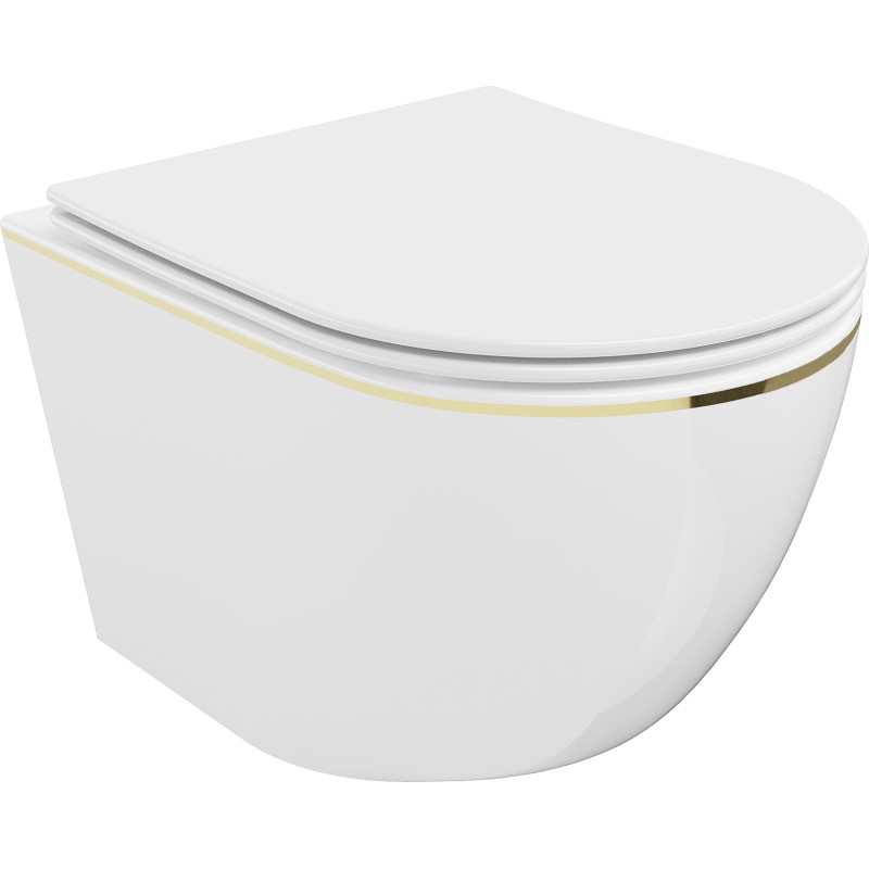 Mexen Lena wc mísa Rimless s pomalu klesající slim deskou, duroplast, bílá/zlatá linie - 30224005