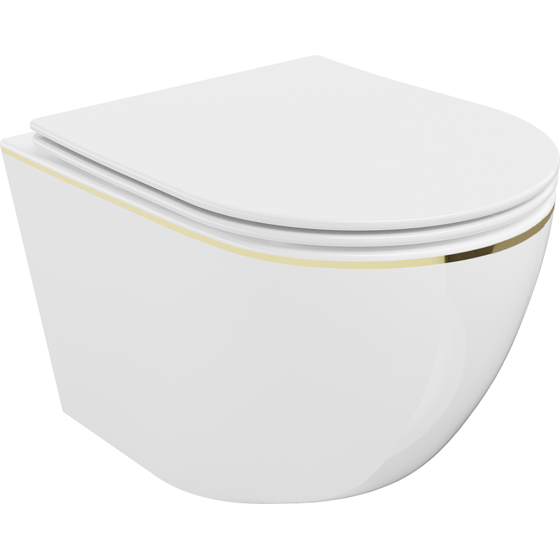 Mexen Lena WC mísa Rimless s pomalu sklápěcí deskou slim, duroplast, bílá/zlatá linie - 30224005