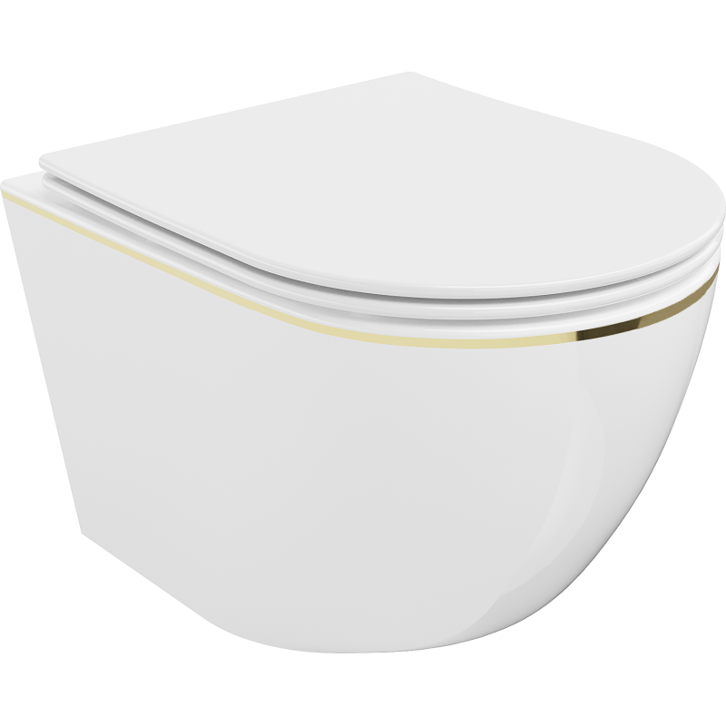 Mexen Lena WC mísa Rimless s pomalu zavírajícím sedátkem slim, duroplast, bílá/zlatá linie - 30224005