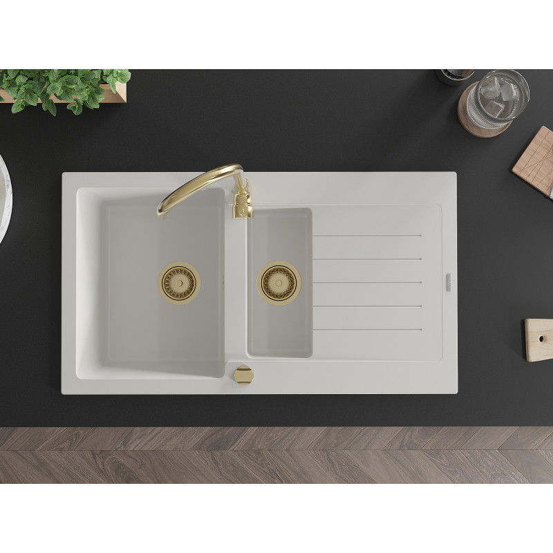 Mexen Matias granitový dřez 1,5-komorový s odkapávačem 900 x 505 mm, bílý, zlatý sifon - 6502901505-20-G