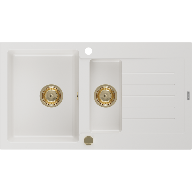 Mexen Matias granitový dřez 1,5-komorový s odkapávačem 900 x 505 mm, bílý, zlatý sifon - 6502901505-20-G