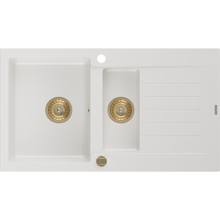 Mexen Matias granitový dřez 1,5-komorový s odkapávačem 900 x 505 mm, bílý, zlatý sifon - 6502901505-20-G