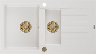 Mexen Matias granitový dřez 1,5-komorový s odkapávačem 900 x 505 mm, bílý, zlatý sifon - 6502901505-20-G