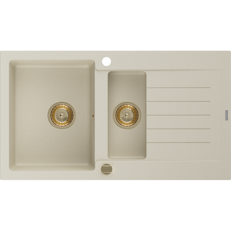 Mexen Matias granitový dřez 1,5-komorový s odkapávačem 900 x 505 mm, béžový, zlatý sifon - 6502901505-69-G