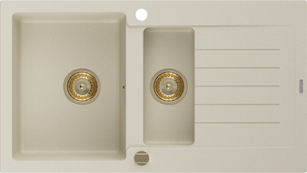 Mexen Matias granitový dřez 1,5-komorový s odkapávačem 900 x 505 mm, béžový, zlatý sifon - 6502901505-69-G