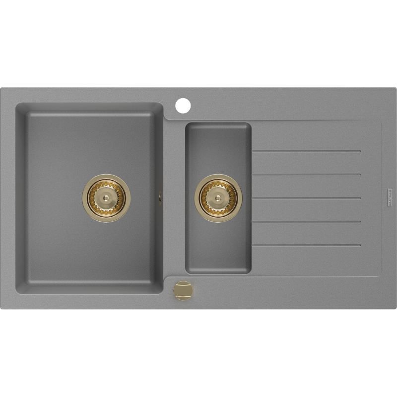 Mexen Matias granitový dřez 1,5-komorový s odkapávačem 900 x 505 mm, šedý, sifon zlatý - 6502901505-71-G