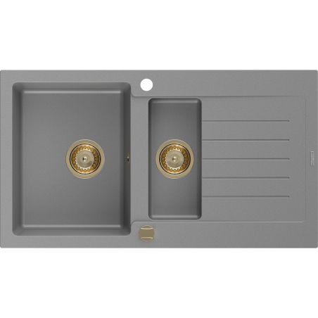 Mexen Matias granitový dřez 1,5-komorový s odkapávačem 900 x 505 mm, šedý, sifon zlatý - 6502901505-71-G