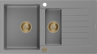 Mexen Matias granitový dřez 1,5-komorový s odkapávačem 900 x 505 mm, šedý, sifon zlatý - 6502901505-71-G
