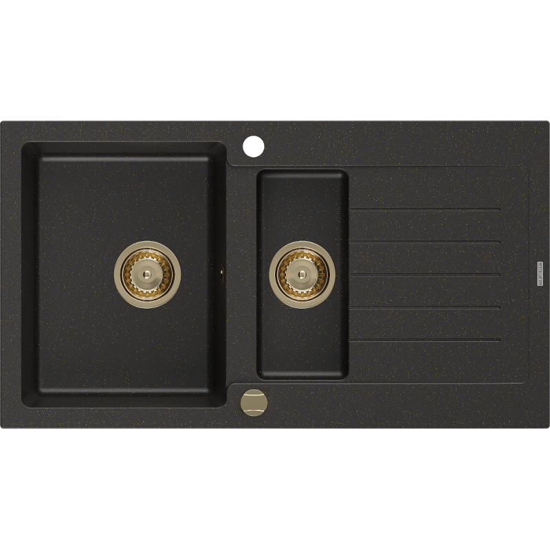 Mexen Matias granitový dřez 1,5-komorový s odkapávačem 900 x 505 mm, černý/zlatý metalík, zlatý sifon - 6502901505-75-G