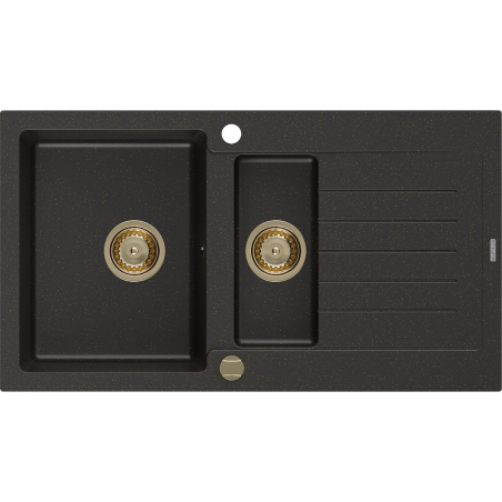 Mexen Matias granitový dřez 1,5-komorový s odkapávačem 900 x 505 mm, černý/zlatý metalík, zlatý sifon - 6502901505-75-G