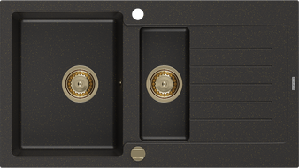 Mexen Matias granitový dřez 1,5-komorový s odkapávačem 900 x 505 mm, černý/zlatý metalík, zlatý sifon - 6502901505-75-G