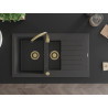 Mexen Matias granitový dřez 1,5komorový s odkapávačem 900 x 505 mm, černý kropenatý, zlatý sifon - 6502901505-76-G