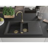 Mexen Matias granitový dřez 1,5komorový s odkapávačem 900 x 505 mm, černý kropenatý, zlatý sifon - 6502901505-76-G