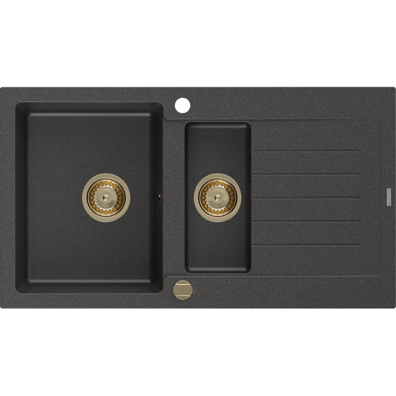 Mexen Matias granitový dřez 1,5-komorový s odkapávačem 900 x 505 mm, černý skvrnitý, sifon zlatý - 6502901505-76-G