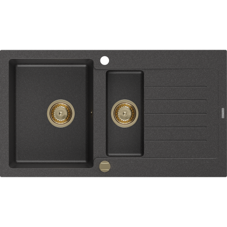Mexen Matias granitový dřez 1,5-komorový s odkapávačem 900 x 505 mm, černý skvrnitý, sifon zlatý - 6502901505-76-G