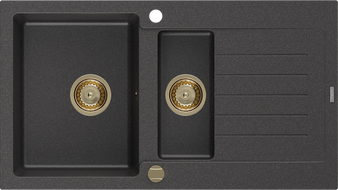 Mexen Matias granitový dřez 1,5-komorový s odkapávačem 900 x 505 mm, černý skvrnitý, sifon zlatý - 6502901505-76-G