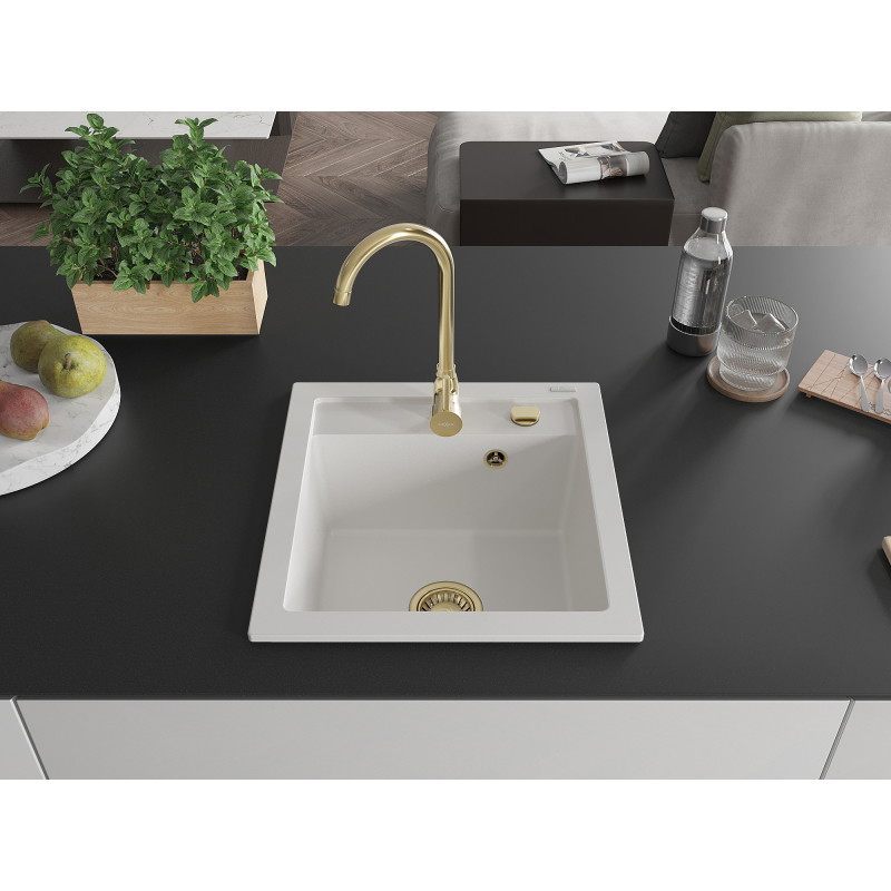 Mexen Vito granitový jednodřez 520 x 490 mm, bílý, zlatý sifon - 6503521000-20-G