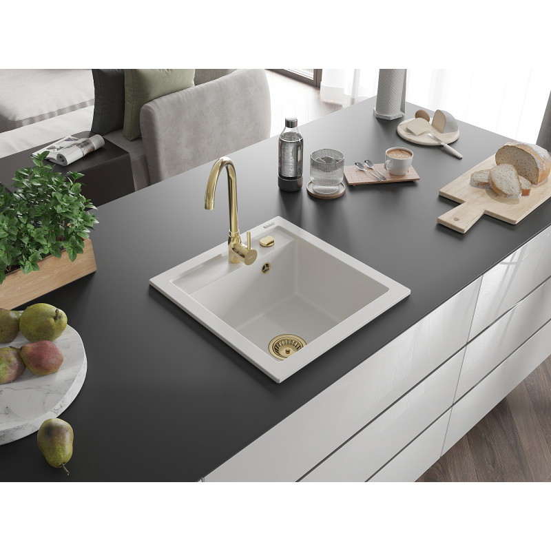 Mexen Vito granitový dřez 1-komorový 520 x 490 mm, bílý, zlatý sifon - 6503521000-20-G