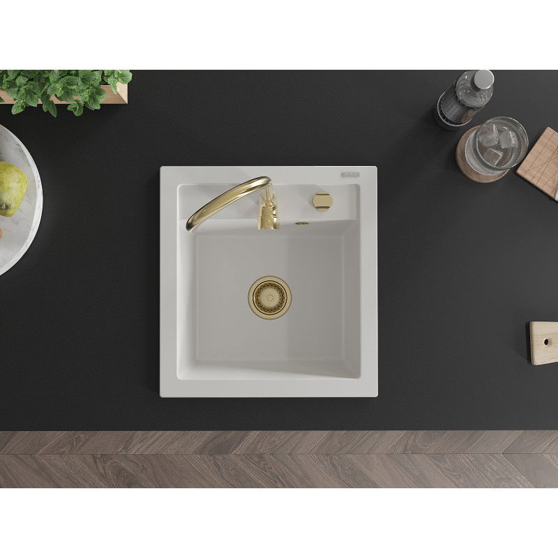 Mexen Vito granitový dřez 1-komorový 520 x 490 mm, bílý, sifon zlatý - 6503521000-20-G