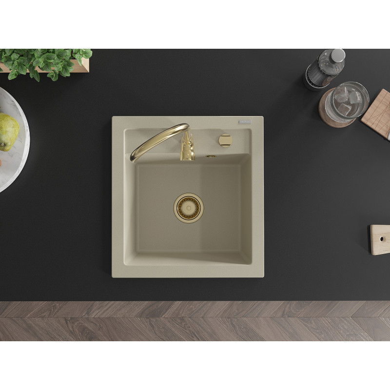 Mexen Vito granitový dřez 1-komorový 520 x 490 mm, béžový, zlatý sifon - 6503521000-69-G
