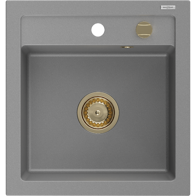 Mexen Vito granitový dřez 1-komorový 520 x 490 mm, šedý, sifon zlatý - 6503521000-71-G