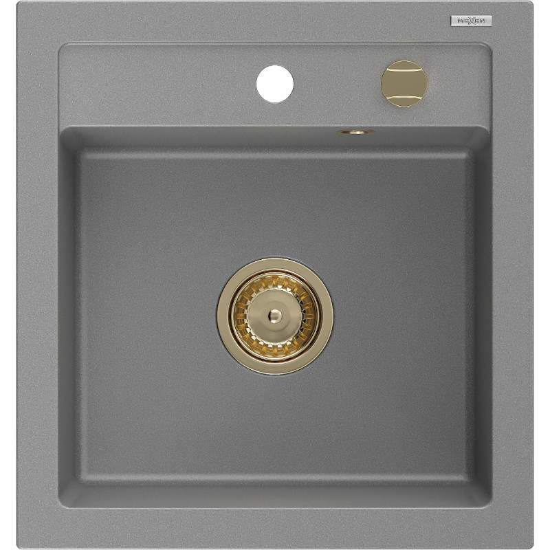 Mexen Vito granitový dřez s 1 komorou 520 x 490 mm, šedý, zlatý sifon - 6503521000-71-G