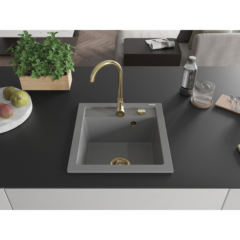 Mexen Vito granitový dřez s 1 komorou 520 x 490 mm, šedý, zlatý sifon - 6503521000-71-G