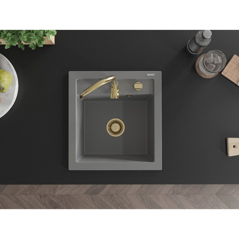 Mexen Vito granitový dřez 1-komorový 520 x 490 mm, šedý, sifon zlatý - 6503521000-71-G