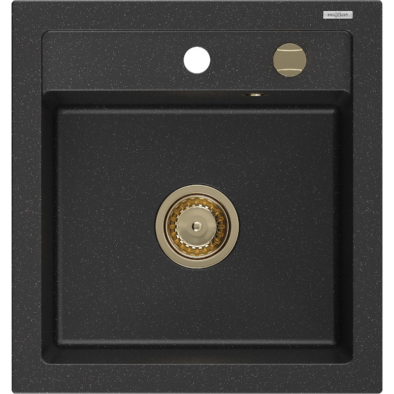Mexen Vito granitový dřez 1-komorový 520 x 490 mm, černý/stříbrný metalický, sifon zlatý - 6503521000-73-G