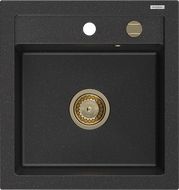 Mexen Vito granitový dřez 1-komorový 520 x 490 mm, černý/stříbrný metalik, sifon zlatý - 6503521000-73-G