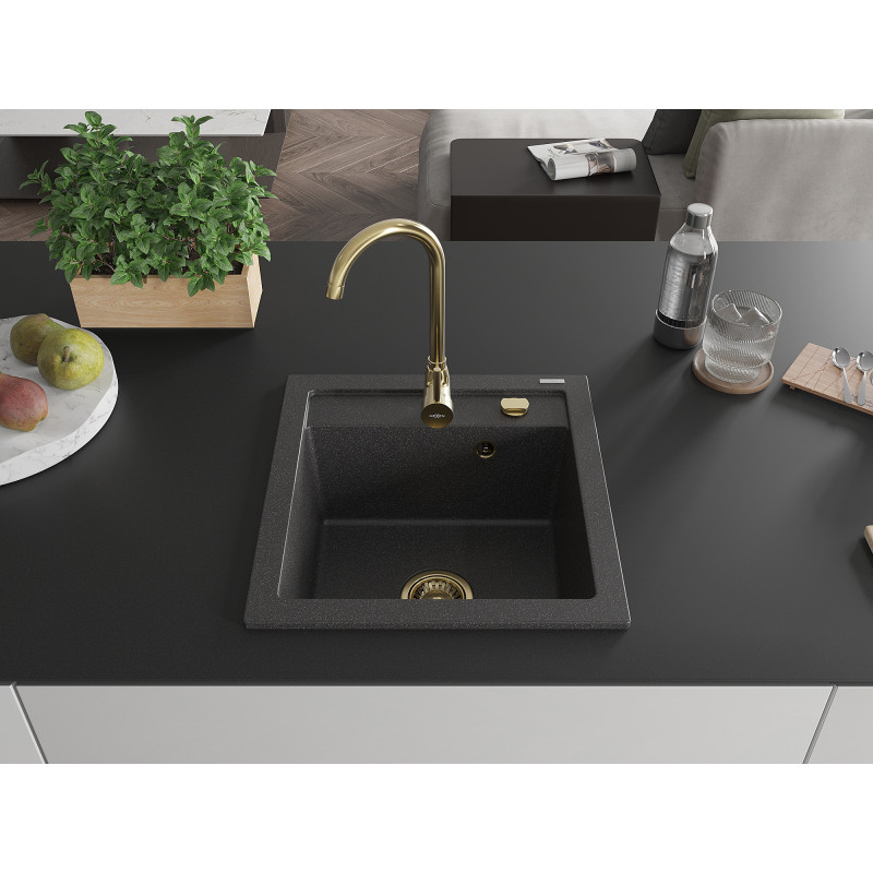 Mexen Vito granitový dřez 1-komorový 520 x 490 mm, černý skvrnitý, zlatý sifon - 6503521000-76-G