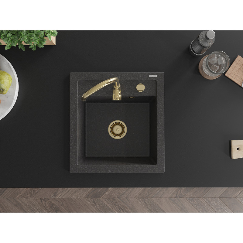 Mexen Vito granitový dřez 1-komorový 520 x 490 mm, černý skvrnitý, zlatý sifon - 6503521000-76-G