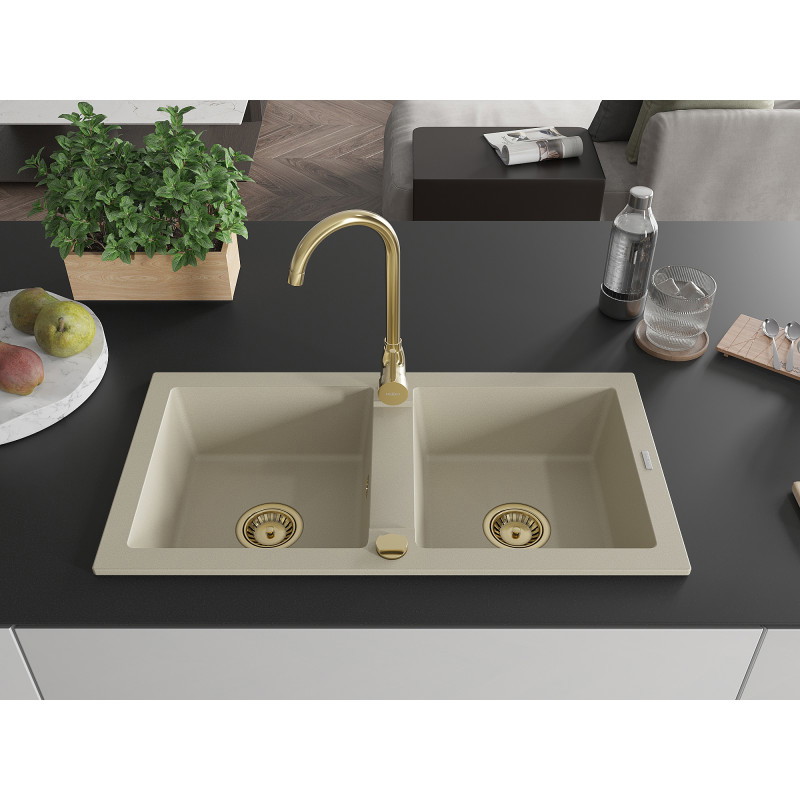 Mexen Mario granitový dřez 2-komorový 820 x 436 mm, béžový, zlatý sifon - 6504822000-69-G