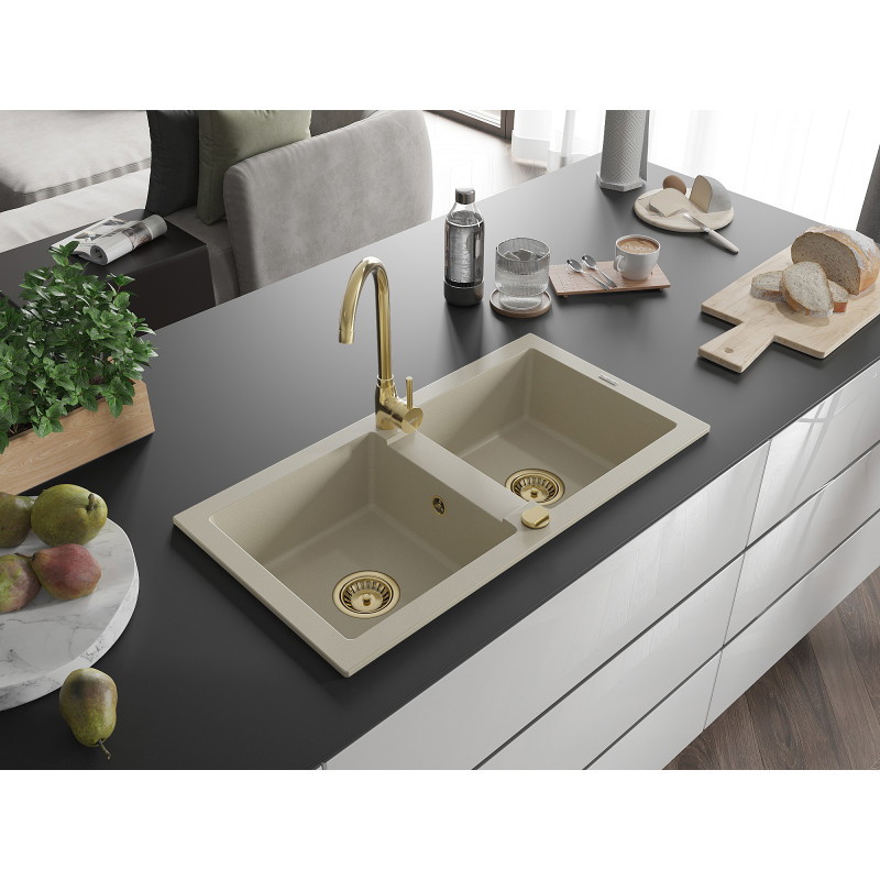 Mexen Mario granitový dřez 2-komorový 820 x 436 mm, béžový, zlatý sifon - 6504822000-69-G