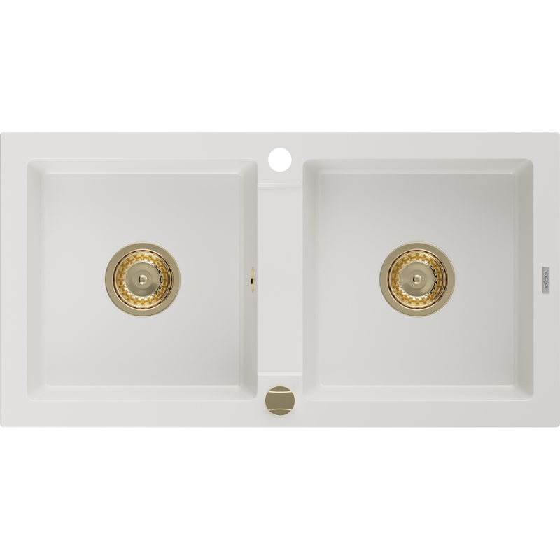 Mexen Mario granitový dřez 2-komorový 820 x 436 mm, bílý, zlatý sifon - 6504822000-20-G
