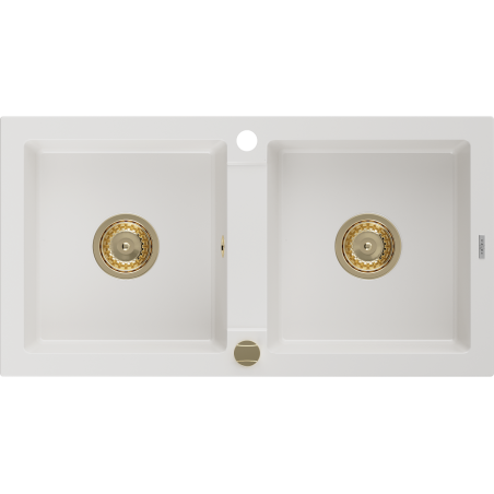 Mexen Mario granitový dřez 2-komorový 820 x 436 mm, bílý, zlatý sifon - 6504822000-20-G