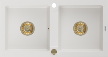 Mexen Mario granitový dřez 2-komorový 820 x 436 mm, bílý, zlatý sifon - 6504822000-20-G